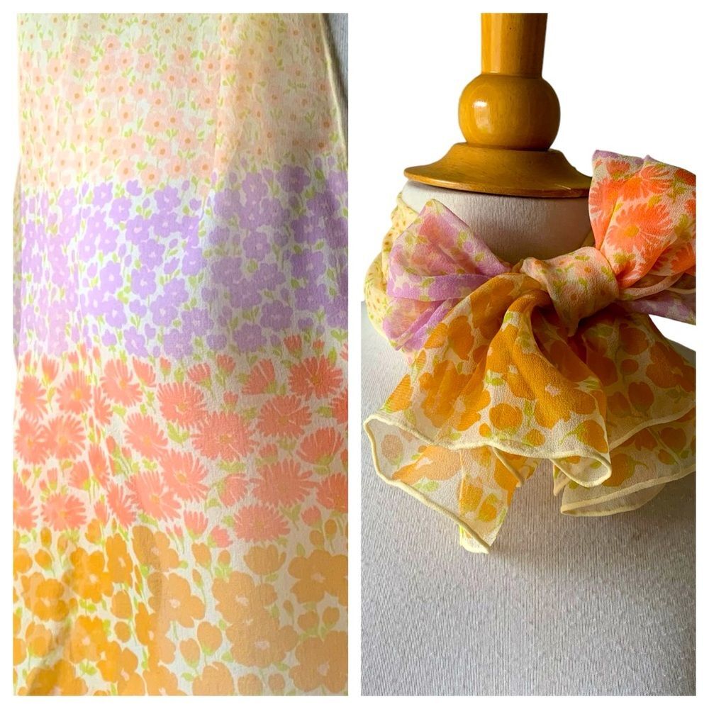 Vintage 1960s  Glentex Floral Spring Pastel Rectangular Silk Scarf Hand Rolled